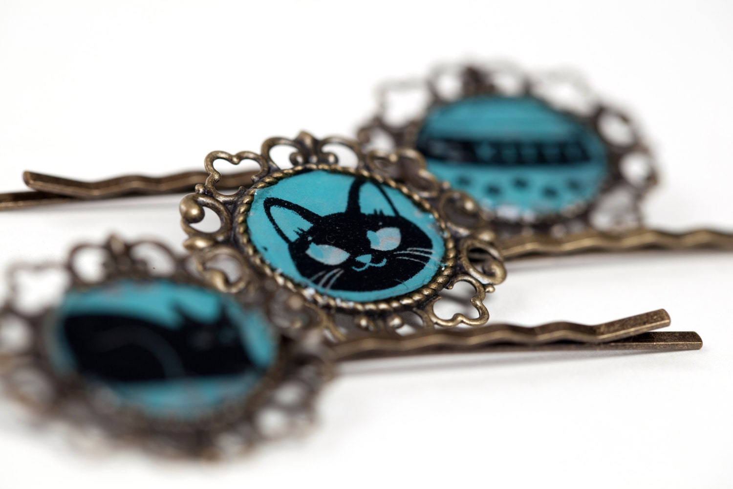 Resin Cat Barrettes Brass Aqua Black Cat Hair Accessories Etsy