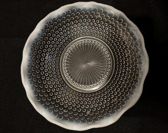 Vintage 1940s Anchor Hocking Moonstone Hobnail Bowl | Clear Opalescent Glass Ruffled Serving Dish