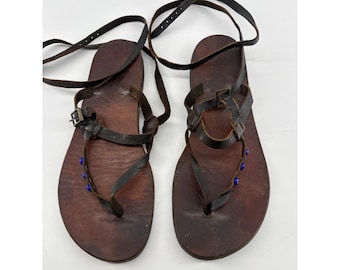 VTG Datca Sandalet Brown Leather Gladiator Wrap Sandals Evil Eye Beads Womens 8