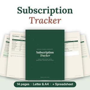 Pode incluir: Um planejador digital de rastreamento de assinaturas com uma capa verde escura contendo o texto Subscription Tracker. O conjunto inclui 14 páginas nos tamanhos Letter e A4, além de uma planilha. As páginas internas mostram tabelas para inventário, serviços de streaming e custos mensais.