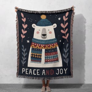 Polar Bear Woven Blanket, Peace and Joy Christmas Throw, Nordic Winter Animal Design, Fringed Sofa Decor, Cozy Holiday Gift