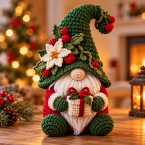 May include: A crocheted gnome figurine featuring a tall green hat adorned with a white poinsettia, green leaves, and red berries. The gnome has a white yarn beard, a round nose, green mittens, and holds a small white gift box with a red ribbon.