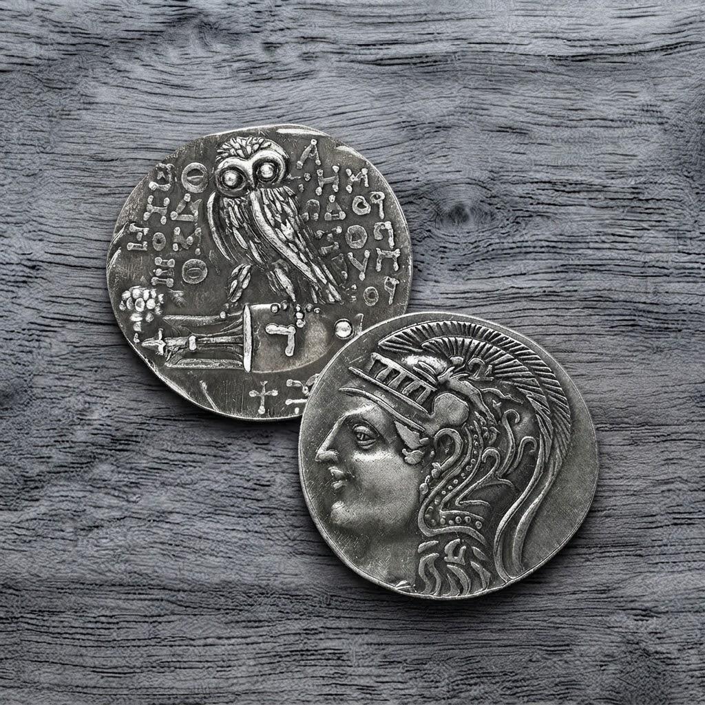 Ancient Greek Athena Owl Coin - Athenian Tetradrachm on Amphora, Athena Goddess Medallion, Replica S