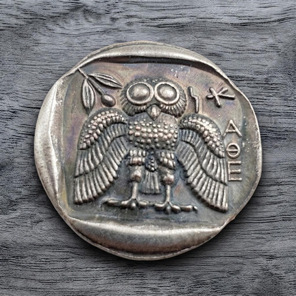 Ancient Greek Facing Owl Silver Coin, Athenian Tetradrachm Medallion, Replica Style, Antique Collect