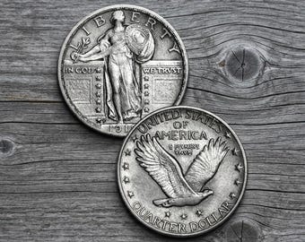 1916 - 1930Standing Liberty Quarter Coin, Vintage US Silver Medallion, Replica Coin Style, Antique Collectible Prop Accessory