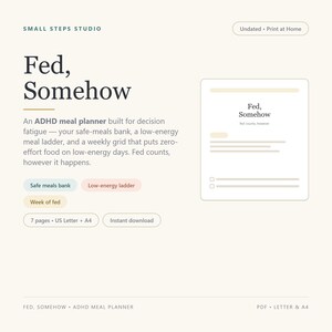 Puede incluir: Un planificador de comidas digital para TDAH titulado Fed, Somehow de Small Steps Studio. El documento incluye un banco de comidas seguras, una escalera de comidas de baja energía y una cuadrícula semanal. PDF de 7 páginas en A4 y US Letter.