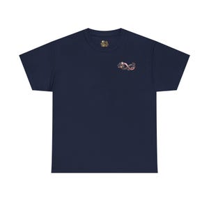 May include: A navy blue short-sleeve t-shirt featuring a small graphic on the upper left chest. The graphic depicts an infinity symbol intertwined with floral elements and small stars in shades of pink, purple, and white against the dark fabric.