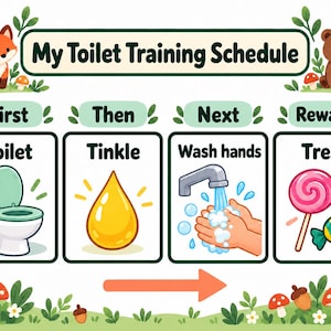 May include: A My Toilet Training Schedule chart featuring a fox and bear, with four steps: Toilet with a white toilet, Tinkle with a yellow drop, Wash hands with a faucet and soapy hands, and Reward with a pink lollipop and green candy.