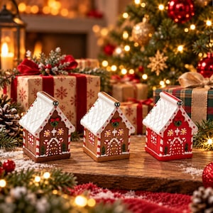 Pode incluir: Três figuras de casas de gengibre em cerâmica com telhados brancos de telhas texturizadas, paredes castanhas ou vermelhas, acabamentos de bengalas doces e detalhes de glacê. Cada casa tem uma porta central e uma coroa decorativa.