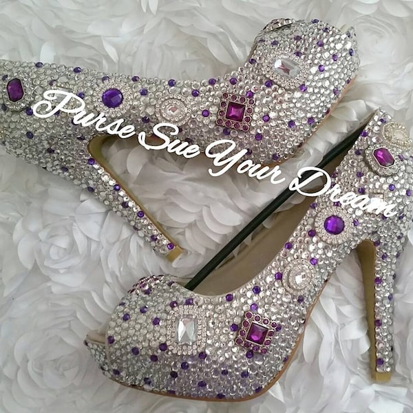 Swarovski Crystal Custom Platform Pumps - Swarovski Crystal Heels - Wedding Shoes - Custom Designed Shoes - Purple Wedding Shoes