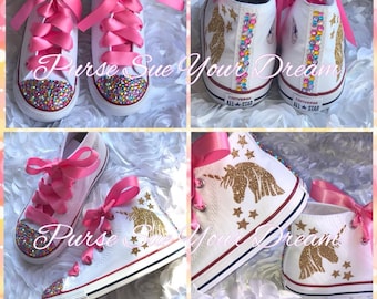 Converse-skor med enhörningsbling - enhörningsfödelsedagsfest - Swarovski-kristaller Converse - regnbågsfärgad enhörningsfödelsedagsoutfit - pastellfärgade enhörningsskor