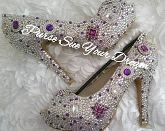Swarovski Crystal Custom Platform Pumps - Swarovski Crystal Heels - Wedding Shoes - Custom Designed Shoes - Purple Wedding Shoes