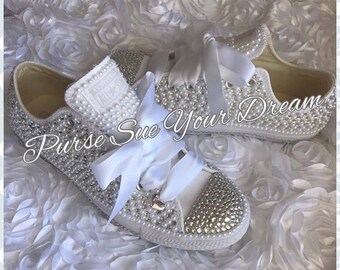 Pearl and Swarovski Crystal Rhinestone Custom Converse Wedding Shoes - Custom Shoes - Bride Shoes - Pearl Wedding Shoes - Wedding Converse