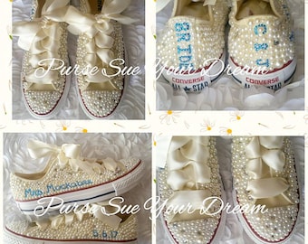 Gorgeous Bridal Pearl and Crystal Rhinestone Custom Converse Wedding Shoes - Custom Wedding Shoes - Bride Shoes - Pearl Wedding Shoes