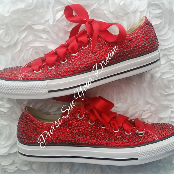 Swarovski Crystal Rhinestone Ruby Red Converse Shoes - Swarovski Shoes - Red Wedding Shoes - Red Bridal Swarovski Converse - Pageant Shoes