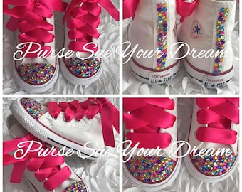 Swarovski Crystal Rhinestone Rainbow Themed Converse Hi Top Chucks - Bling Shoes - Custom Shoes - Custom Converse