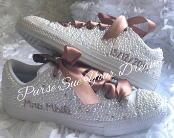 womens white and rose gold converse