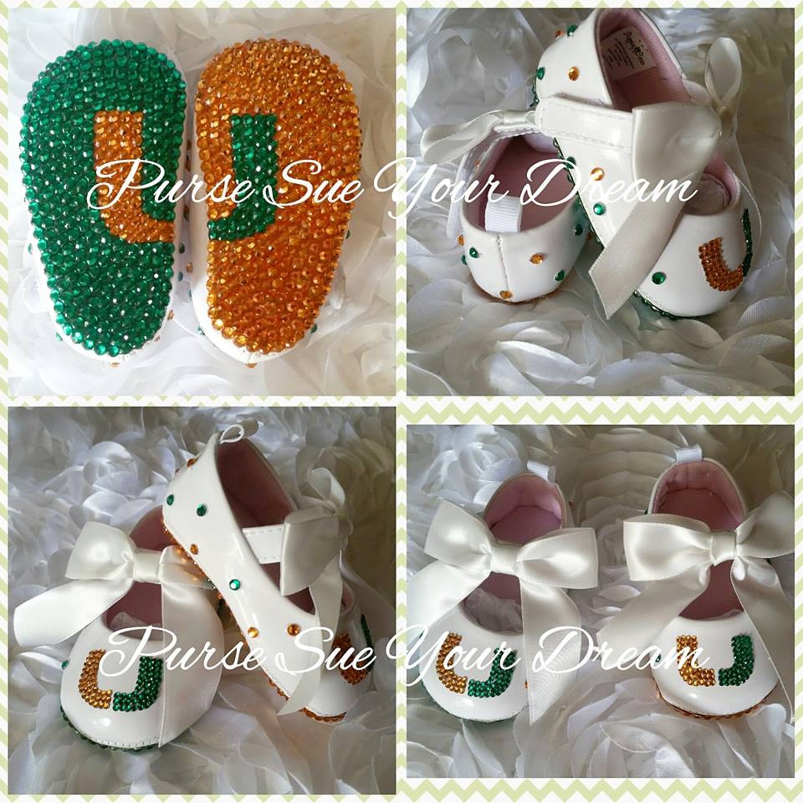 miami hurricane inspired crystal rhinestone infant size ballet shoes - swarovski baby shoes - christening/baptism/pageant/weddin