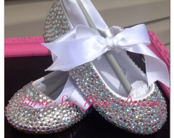 Crystal Rhinestone Ballet Flats Shoes - Wedding- Pageant -Christening - Baptism - Flower Girl - Junior Bride - Toddler and Youth Size Shoes
