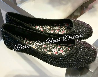 Custom Jet Black Swarovski Crystal Rhinestone Ballet Flats Shoes - Wedding Flat Shoes - Swarovski Crystal Rhinestone Shoes