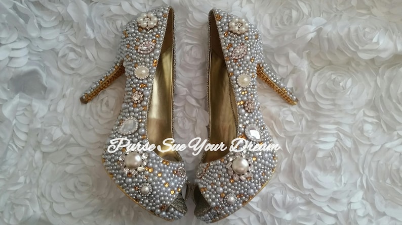 Vintage Inspired Heels Swarovski Gold Crystal Heels Pearls - Etsy