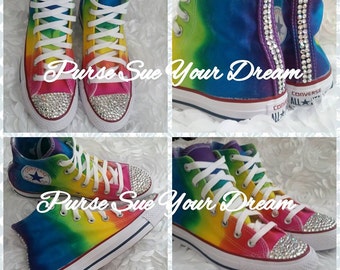 Custom Rainbow Tie Dye High Top Converse - Infants To Adult Sizes - Tie Dye Shoes - Made To Order- Swarovski Crystal Converse