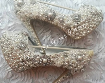 Custom Vintage Inspired Heels - Swarovski Crystal Heels - Pearls and Rhinestone Heel Shoes - Wedding Bridal Shoes
