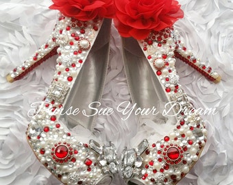 Custom Vintage Inspired Heels - Red Swarovski Crystal Heels - Pearls and Rhinestone Heel Shoes - Wedding Bridal Shoes