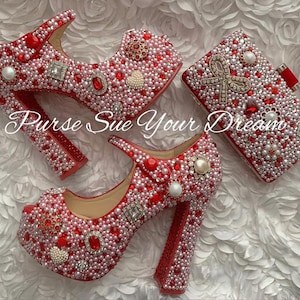 Red Swarovski and Pearl Wedding Heels - Pearl Wedding Shoes - Red Swarovski Crystal and Pearl Bridal Clutch - Red  Bridal Heels