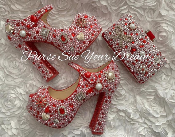 Solskoldning ordlyd Enlighten Red Swarovski and Pearl Wedding Heels Pearl Wedding Shoes - Etsy