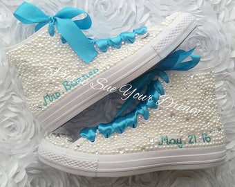 Custom Pearl and Swarovski Crystal High Top Converse Shoes - Bridal Converse Wedding Shoes - Pearl Wedding Shoes - Wedding Party Shoes