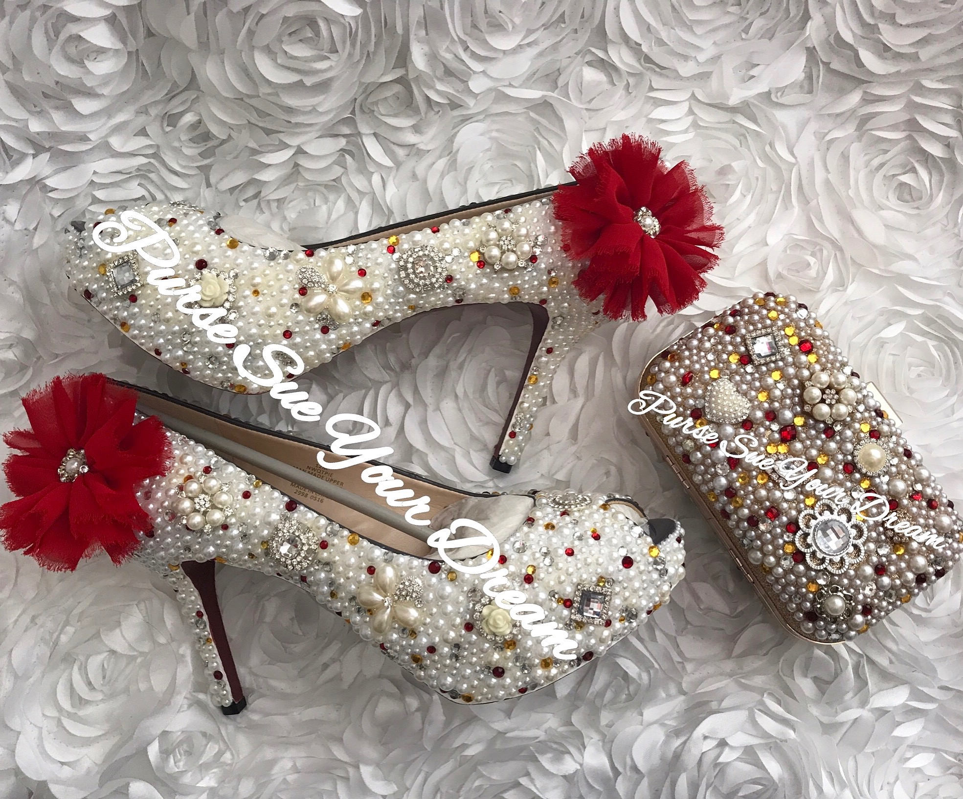Red and Gold Swarovski Crystal and Pearl Wedding Heels Pearl Wedding Shoes Bridal Clutch Red and Gold Wedding Shoes