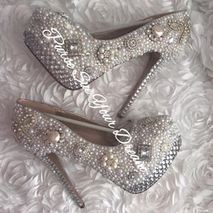 Vintage Inspired Heels - Swarovski Crystal Heels - Pearl and Crystal Rhinestone High Heel - Swarovski Wedding Pumps - Bling Wedding Shoes