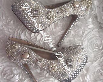 Vintage Inspired Heels - Swarovski Crystal Heels - Pearl and Crystal Rhinestone High Heel - Swarovski Wedding Pumps - Bling Wedding Shoes