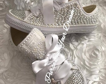 Pearl and Crystal Rhinestone Custom Converse Wedding Shoes - Custom - Bride Shoes - Pearl Wedding Shoes - Wedding Converse - Pearl Converse