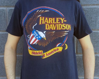 1982 Harley Davidson Motorcycle 'Harley Spoken Here' Latus Motors Spokane, Washington 'Shield of America' Hanes Beefy-T L For Bikers Only