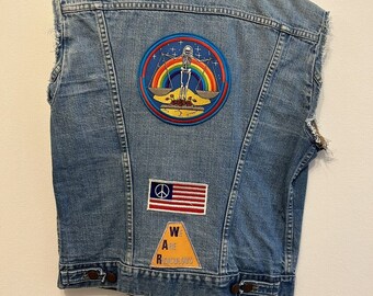 Crazy Awesome Denim Biker Jacket Vest - Vintage Wrangler Denim Vest Hippy Grateful Dead Mickey Mouse Appalachian Trail