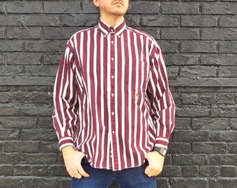 Vintage 1990s Long Sleeve TOMMY HILFIGER Striped Purple Button Up Shirt