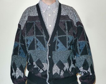 Vintage Navajo / Memphis Geometric Pattern Knit Cardigan Cool Colors