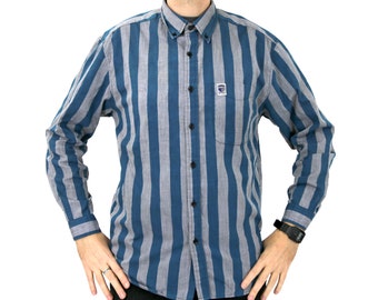True Vintage 1990s Long Sleeve BRITTANIA Turquoise Blue & Grey Striped Button Up Shirt