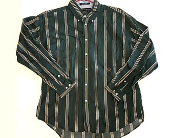 Vintage 1990s Long Sleeve TOMMY HILFIGER Striped Green Yellow Button Up Shirt
