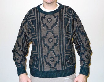 Vintage Navajo / Memphis / Native American Pattern Knit Sweater Black & Golden Brown