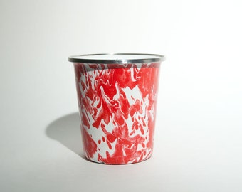 Vintage Metal Enameled Marblized Red & White Cup