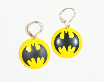 Vintage Deadstock 1960s Batman Logo Gold Dangle Earrings