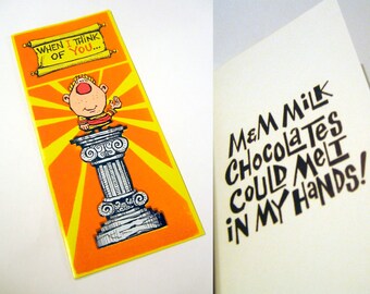 Vintage Illustration Fuzzy Valentine's Day Card 1960s - 1970s - When I think of you, M&Ms could melt in my hands!
