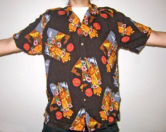 Vintage Black Hawaiian Shirt Beautiful Girl with Leis Motif
