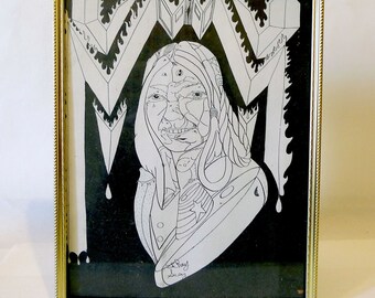 Psychedelic Found Art - Framed Line Drawing - Native American Woman