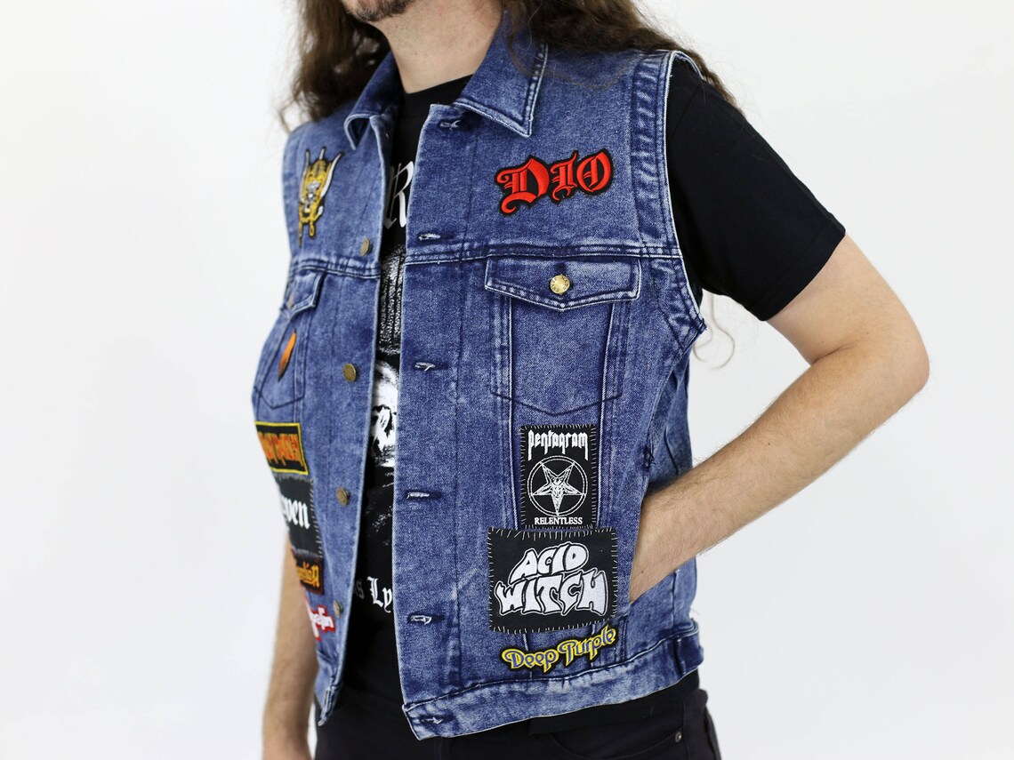 Acid Wash Denim Battle Vest Encrusted W/ Patches: Dio | Etsy