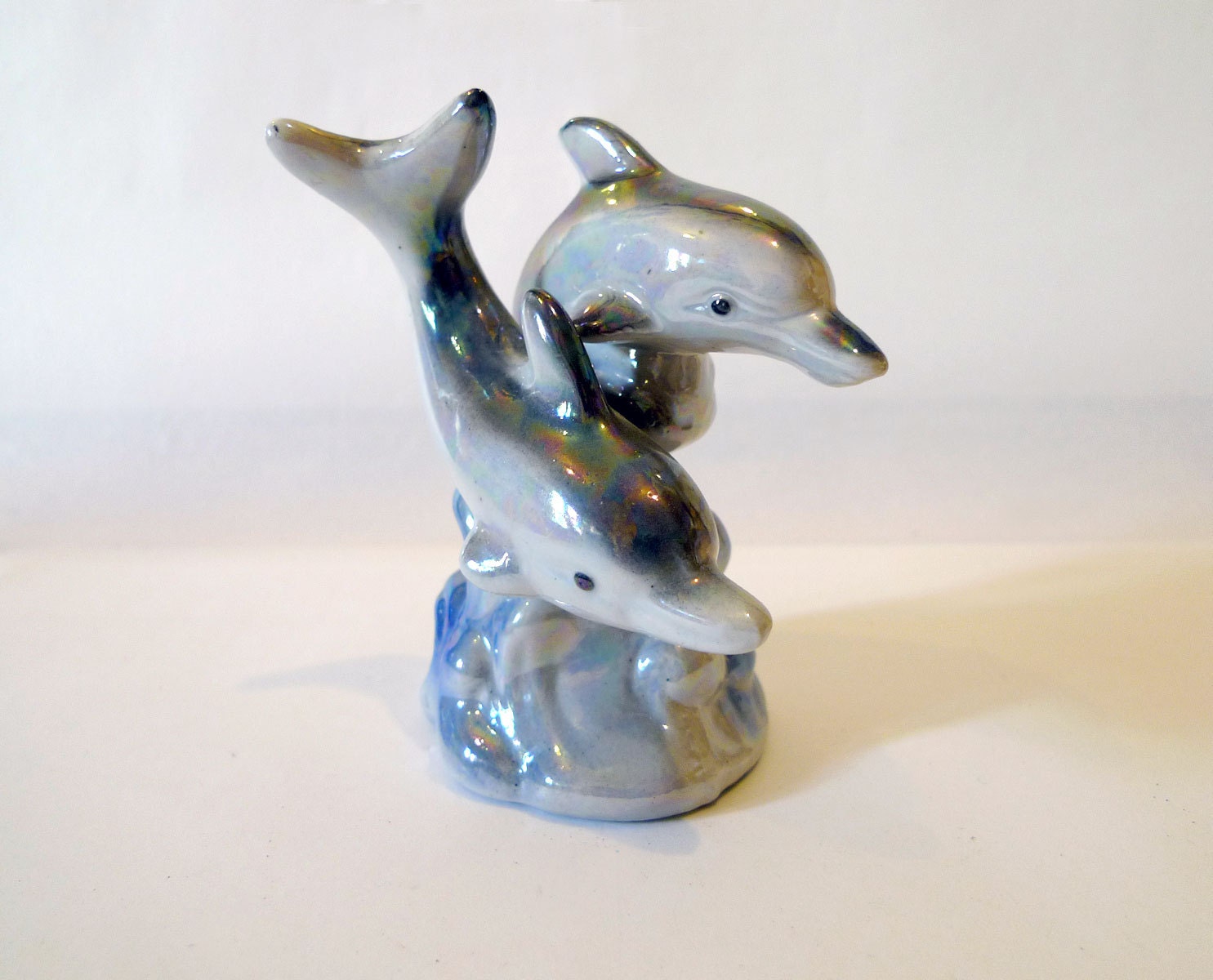 Vintage 1990s Ceramic Pair of Dolphins Statue Sparkly Luminous Iridescent Colors
