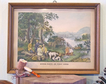 SALE Vintage Pastoral Scene 'Hunting Fishing and Forest Scenes' Lithograph 1867
